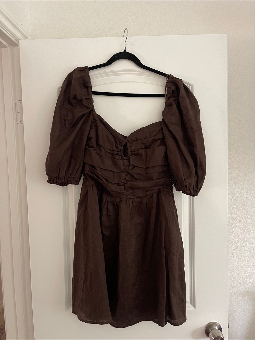 DISSH Brown Puff-Sleeve Linen Mini Dress
